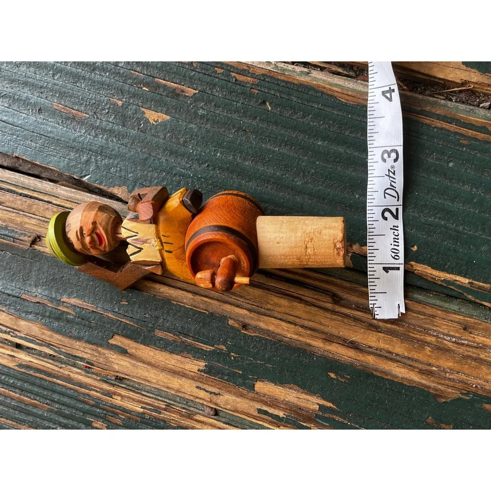 Vintage Hand Carved Wooden Mechanical Bottle Stopper Man on Barrel Lifts Hat